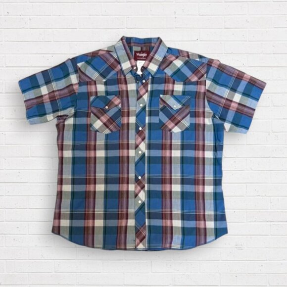 WRANGLER Vintage Western Blue Plaid Cowboy Pearl Snap Short Sleeve Shirt Mens XL